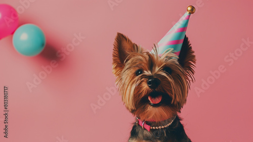 yorkshire terrier birthday concept. dog in a festive hat on a pink background. place for the text