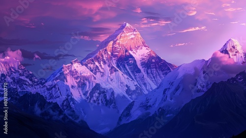 Sunset View of the Himalayas Near the Himalayan Mountain Mt Everest - Purple sky with snow covered cliffs and colorful lighting of the valley and mountain range