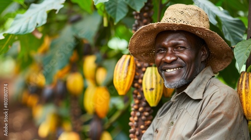 African farmer owner of the cocoa plantation was standing with his arms crossed and happy with the cocoa he had grown