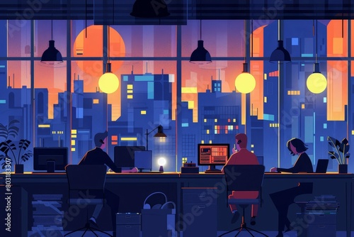 busy office at night employees working late overtime and dedication concept illustration