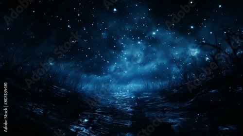 Fantasy landscape with a starry night sky and a dark forest