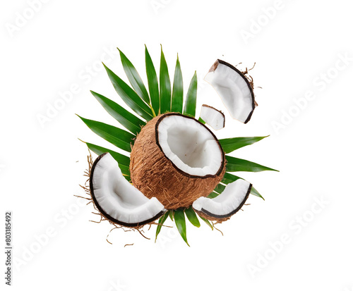 Fresh Coconut isolated. Coconut slice and piece with leaves on transparent background. Broken white coco flying. Ai generative.