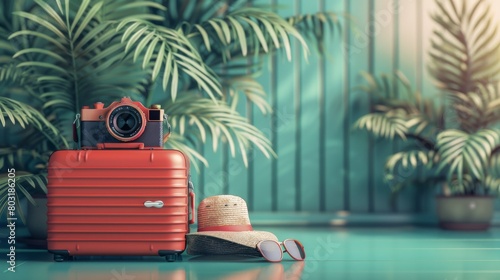 Suitcase camera phone hat and shades set against a travelinspired backdrop, Generated by AI