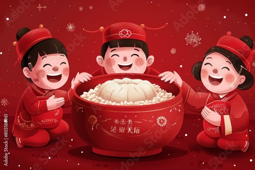 Three happy Chinese children eating Laba congee
