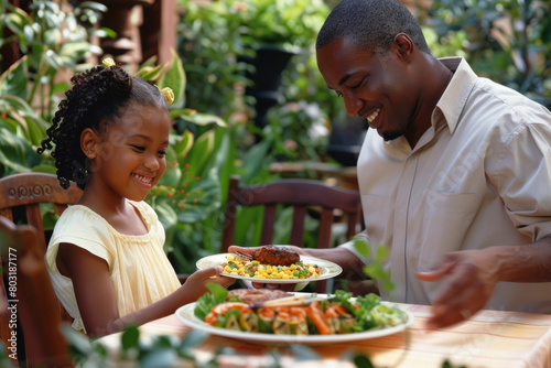 African American man serving a plate of food to a young girl seated at a table. Enjoying grilled cuisine outdoors during a family garden gathering.
