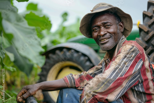 An African American farmer repairing a wheel on a tractor, diligently harvesting crops and gathering vegetables on the family farm. Concept of farming and agricultural business.