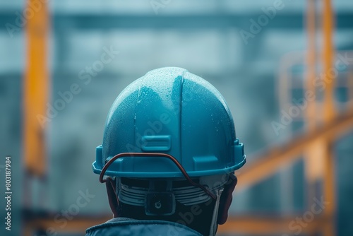 This detailed image captures a construction worker with a bright blue helmet against a blurry background, focusing on safety