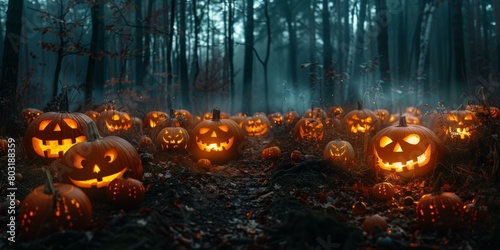 Spooky Halloween Pumpkin Patch in the Dark Forest
