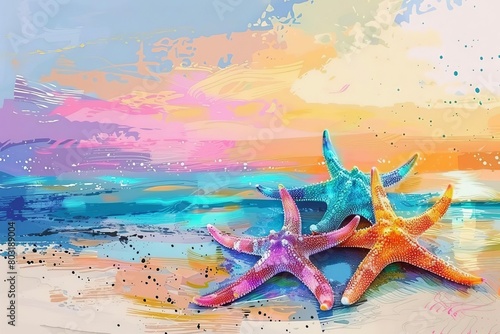 colorful starfish on sandy beach at sunset abstract summer vacation concept illustration