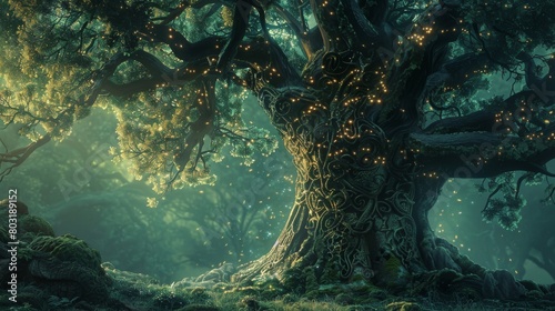 Enchanting mystical tree with Celtic symbols in a magical forest scene