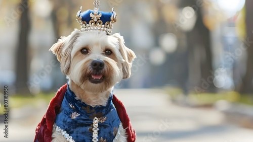 Realistic dog king in crown ruling kingdom with streets leading to park. Concept Fantasy, Dog, Kingdom, Crown, Streets, Park