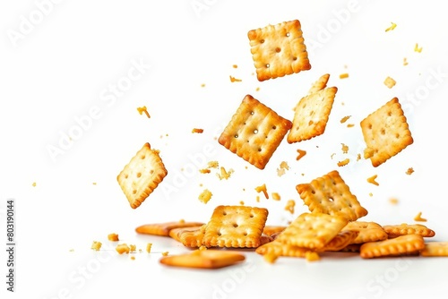 crispy square crackers falling on white background savory snack food photography