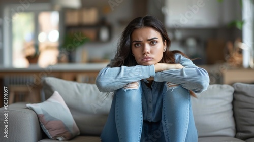 Upset sad unhappy woman sitting on the couch in the living room of the house. Problems in your personal life, depression, stress, a quarrel with a friend, a breakup with a boyfriend or husband concept