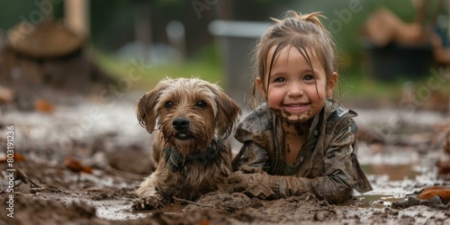 Little girl and dog covered in mud