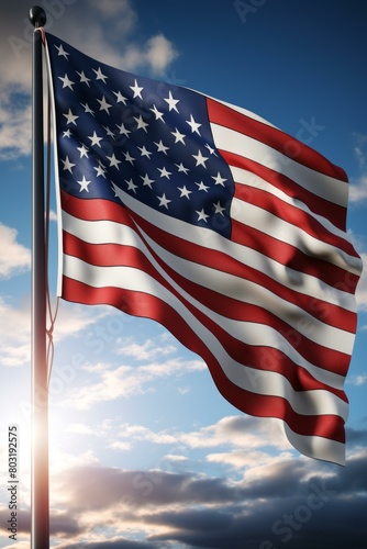 A billowing American flag against a blue sky and white clouds