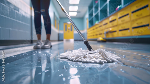 Close-up on the mop. Person cleaning a school, the person should be using a mop to clean the floor