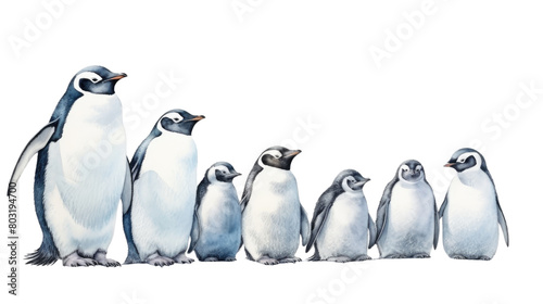 A group of penguins standing in a row, looking at the camera in isolated on transparent background