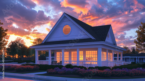 New community clubhouse under the vibrant hues of a sunset, featuring a white porch and gable roof with semi-circle window.