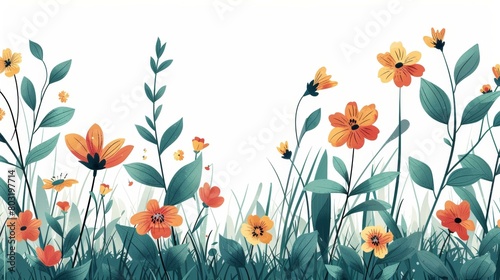 A beautiful meadow with orange and yellow wildflowers and green grass