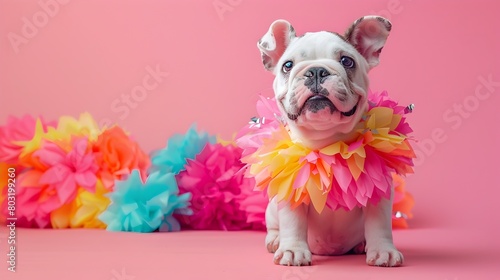 Joyful Bulldog Cheerleader Pom Pom Display in Vibrant Pastel Studio Setting