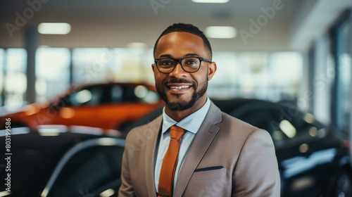 Portrait of a smiling African American car salesman wearing a suit and tie standing in a car dealership showroom