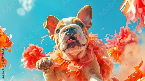 Cheerful Bulldog Leads the Cheer in Vibrant Costume on Pastel Sky Backdrop