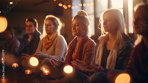 Five caucasian women meditating in a yoga studio