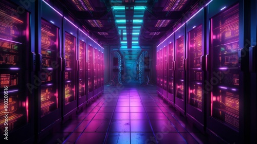 Futuristic Sci-Fi Server Room With Glowing Neon Lights