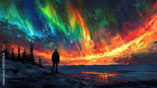 Man standing alone in a field of snow admiring the aurora borealis