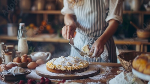 Cropped image of woman in apron cooking cake in kitchen at home