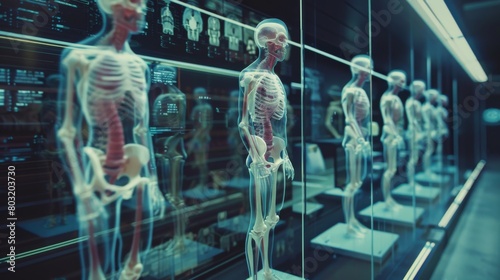 A laboratory displays multiple human body holograms in glass cabinets, Generated by AI