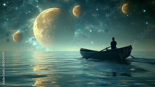 Man rowing boat on sea with large moon in background