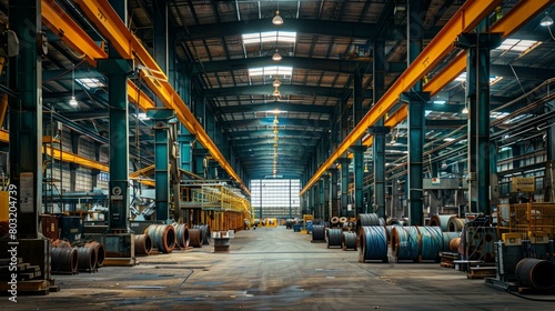 Large empty factory building with metal coils and machinery