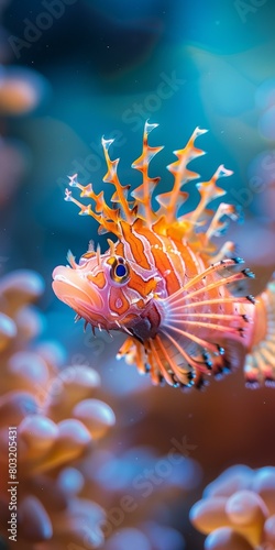 A red and white striped lionfish with spiky fins