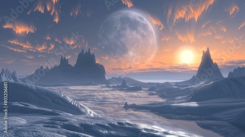 Fantasy landscape with moon and sun