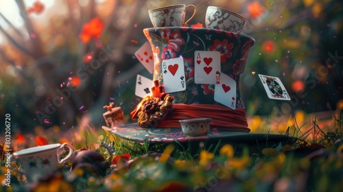 Stacked whimsical tea cups topped with a colorful mad hatter hat in an enchanted forest setting