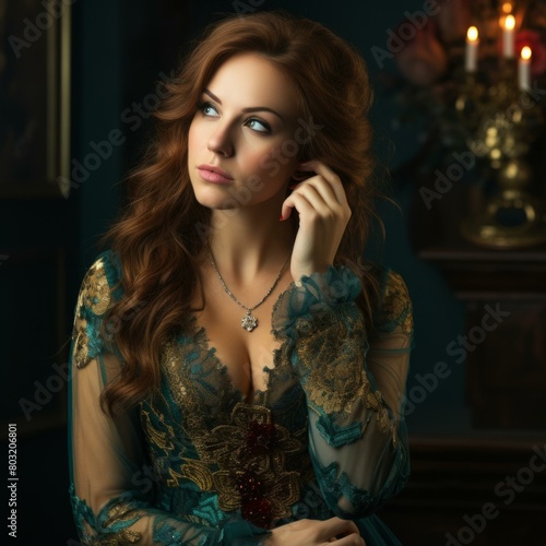 Portrait of a beautiful woman in a green dress