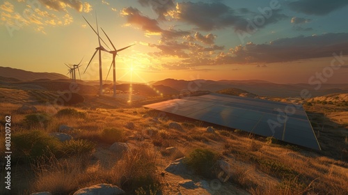 Renewable energy island at sunset featuring wind turbines and solar panels