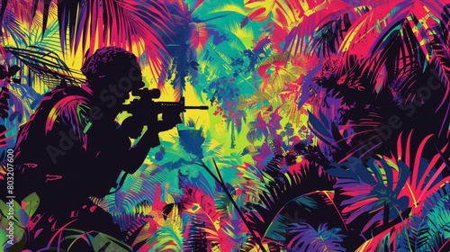 Vector Art of a sniper camouflaged in a psychedelic, abstract jungle, using dramatic, highcontrast colors for a vivid scene
