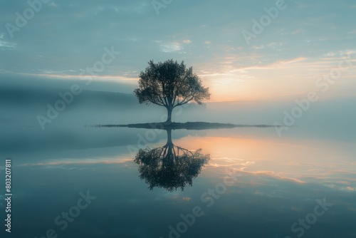 A lonely tree stands in the middle of a lake, reflecting on its own existence