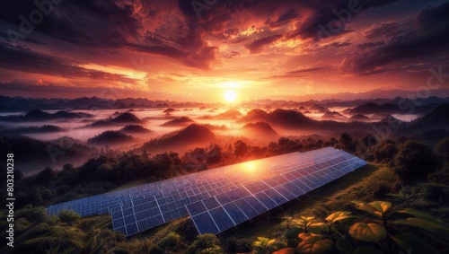 Solar panels against a dramatic sunset over misty mountains, blending green technology with the sublime beauty of nature.