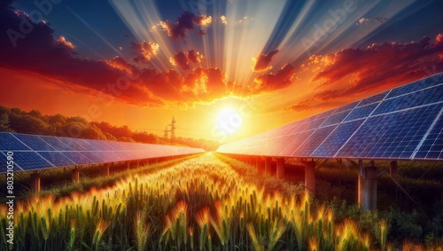 Sunset over a solar farm, panels aligned in harmony with nature, capturing the last golden rays in a tranquil field.