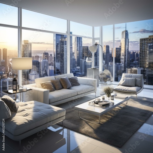 Modern living room interior with city view