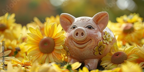 A pink piggy bank sits in a field of yellow sunflowers.