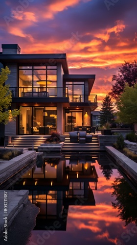 A modern house with a pool and a beautiful sunset in the background