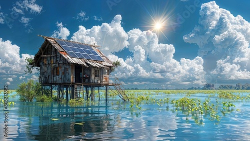 An old wooden hut on stilts in a lake, surrounded by lush greenery and mountains in the background, with solar panels installed on the roof, capturing the contrast between tradition and renewable.