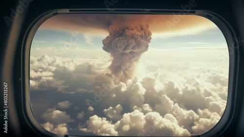 A volcanic eruption seen from an airplane window