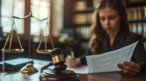 In this photo a gavel and scales rest on a desk while a female judge stands blurred in the background, Generated by AI