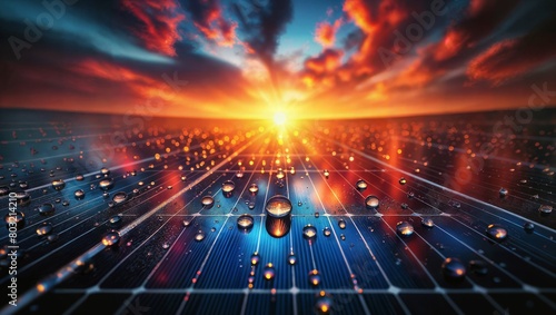 A breathtaking view of the sun setting over a field of solar panels adorned with glistening raindrops, illuminating the energy of tomorrow.