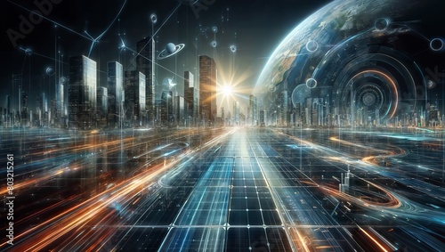 Futuristic cityscape with towering skyscrapers, illuminated pathways, planetary objects, and an energy vortex representing technological advancement, innovation, and cosmic exploration.